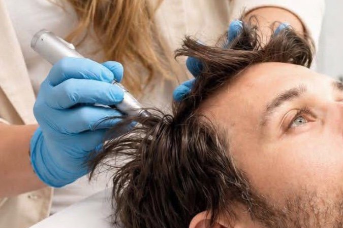 Behandlung der Kopfhaut mit dem Microneedling-Gerät